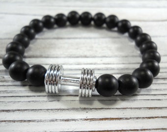 Barbell Charm Black Frosted 8mm Bead Bracelet, Antique Silver Tone Barbell, Men's Bracelet, Men's Jewelry, Gift for Men, Women's Bracelet