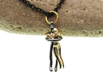 Hugging Couple Gunmetal and Gold Pendant Necklace, Stainless Steel Chain with Extension, Women's Necklace, Two Tone Infinity Hugging Couple