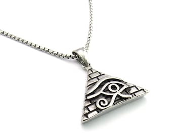 Stainless Steel Pyramid Pendant with Eye Of Horus Design, 304 Stainless Steel Hypo Allergenic Jewelry, Spiritual Jewelry, Men's Necklace