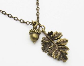 Autumn Bronze Leaf with Acorn Pendant, Autumn Leaf Necklace, Men's Necklace, Women's Necklace, Nature Leaf Necklace, Seasonal Jewelry