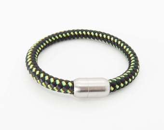 Black Green Yellow Weave Braded Leather Cord Bracelet, 304 Stainless Steel Magnetic Clasp, Men's Leather Bracelet, Women's Bracelet