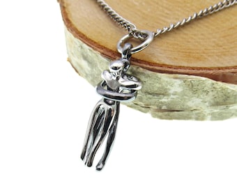 Hugging Couple Gunmetal and Silver Pendant Necklace, Two Tone Infinity Couple Man Hugging Woman With Legs Up, Women's Jewelry, Men's Jewelry