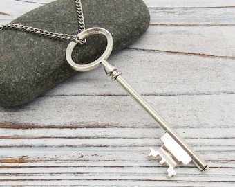 Old Fashioned Key Pendant, Antique Silver Tone, Large Antique Silver Tone Key Charm, Women's Necklace, Gift for Women, Men's Necklace
