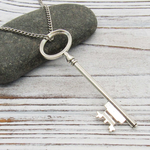 Old Fashioned Key Pendant, Antique Silver Tone, Large Antique Silver Tone Key Charm, Women's Necklace, Gift for Women, Men's Necklace