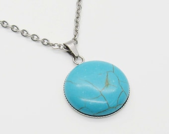Blue Turquoise Round Gemstone Pendant, Blue Turquoise Synthetic Gemstone Necklace, Men's Necklace, Women's Necklace, Turquoise Pendant