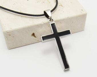 Silver Tone Metal Cross Pendant with Black Enamel Insert, Men's Cross Necklace, Chrome Cross Pendant, Spiritual Jewelry, Women's Necklace