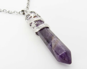 Large Amethyst Crystal Pendant, Silver Tone Dragon Wrap Detail, Men's Necklace, Amethyst Pendant, Chakra Healing Crystal, Women's Necklace