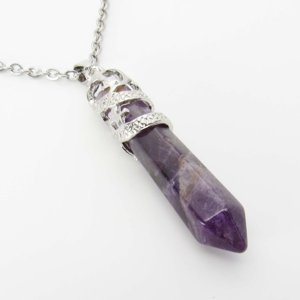 Large Amethyst Crystal Pendant, Silver Tone Dragon Wrap Detail, Men's Necklace, Amethyst Pendant, Chakra Healing Crystal, Women's Necklace