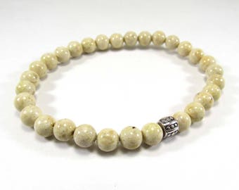 Fossil Beads Beaded Bracelet, Beige Beads 6mm with Antique Silver Accent Bead, Men's Bracelet, Men's Jewelry, Men's Gift, Women's Bracelet