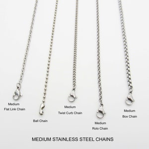 May include: Five different types of stainless steel chains: flat link, ball, twist curb, rolo, and box.  The chains are all medium in size and are displayed against a white background.  MEDIUM STAINLESS STEEL CHAINS