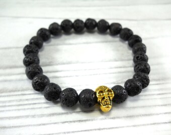 Lava Stone 8mm Bracelet with Antique Gold Tone Skeleton Head Bead, Elastic Stretch Cord, Fashion Bracelet, Men's Bracelet, Women's Bracelet