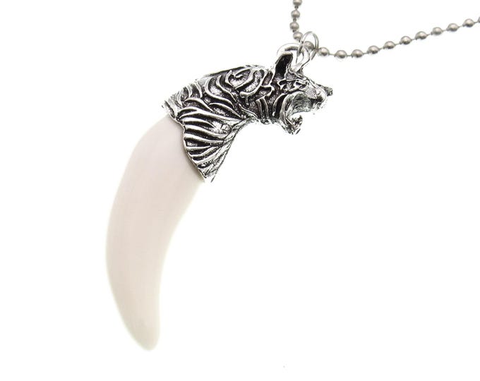 Featured listing image: Antique Silver Color Tiger Head Resin Tooth Pendant Necklace, Animal Necklace, Men's Necklace, Resin Tiger Tooth, Men's or Women's Jewelry