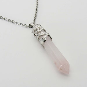 Rose Quartz Crystal Pendant, Silver Tone Dragon Wrap Detail, Men&#39;s Necklace, Large Quartz Pendant, Chakra Healing Crystal, Women&#39;s Necklace