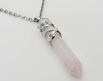 Rose Quartz Crystal Pendant, Silver Tone Dragon Wrap Detail, Men's Necklace, Large Quartz Pendant, Chakra Healing Crystal, Women's Necklace