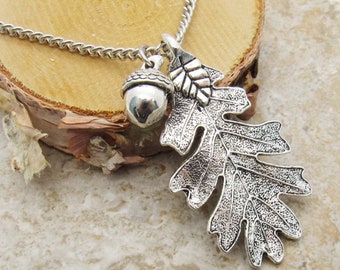 Antique Silver Oak Leaf with Acorn Pendant, Autumn Leaf Necklace, Men's Necklace, Women's Necklace, Nature Leaf Necklace, Seasonal Jewelry
