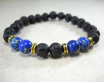 Lava Stone 8mm Bracelet with Synthetic Lapis Lazuli Beads and gold tone spacer beads, Men's Bracelet, Men's Jewelry, Fashion Bracelet