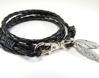 Black Faux Leather Braided Multi-Wrap Bracelet, Sliver Feather Charms, Silver Tone Closure, Men's Bracelet, Men's Jewelry, Women's Bracelet