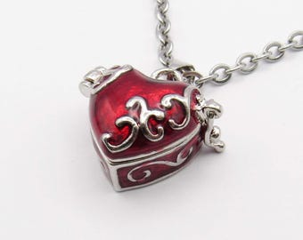 Dark Red Heart Wish Box with Hinged Lid, Brass Enamel Color, Pill Box Necklace, Heart Locket Necklace, Gift for Women, Women's Necklace,