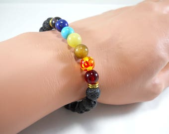 Black Lava Stone 8mm Chakra Bracelet with Multi Color Beads and Antique Gold Tone Beads, Men's Bracelet, Men's Jewelry, Women's Bracelet