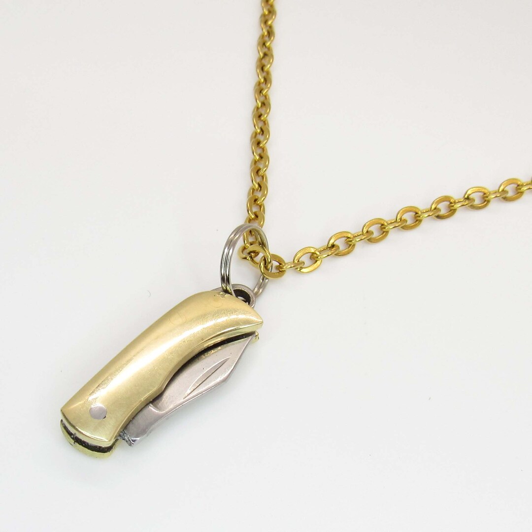 Stainless Steel Mini Pocket Knife Pendant Necklace, Gold Tone Color