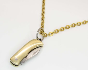 Stainless Steel Mini Pocket Knife Pendant Necklace, Gold tone color Pocket Knife, Men's Necklace, Gift for Men, Pocket Knife Charm Pendant