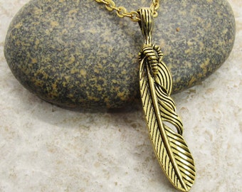 Antique Gold Feather Pendant Necklace, Feather with Eagle Claw Pendant Jewelry, Men's Necklace, Nature Jewelry, Woman's Necklace