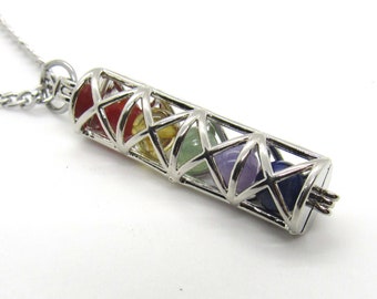 Rainbow Beads Silver Tone Cage Pendant Necklace, Men's Necklace, Woman's Necklace, Spring Loaded Hinged Cage Pendant, Rainbow Beads Pendant