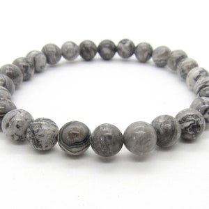 Jasper Stone 8mm Gray Beaded Bracelet, Natural Mam Stone Jasper Stone 8mm Gray Beaded Bracelet, Natural Mam Stone
