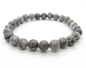 Jasper Stone 8mm Gray Beaded Bracelet, Natural Mam Stone / Picasso Stone, Men's Bracelet, Women's Bracelet, Men's Jewelry, Gift for Men