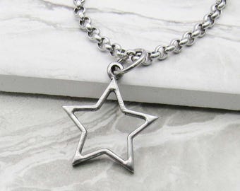 Stainless Steel Open Star Pendant Necklace, Men's Necklace, 304 Stainless Steel Hypo Allergenic Jewelry, Woman's Necklace