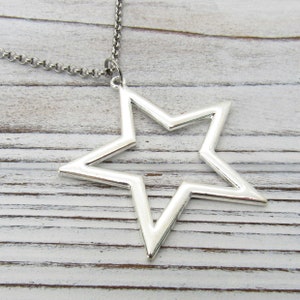 Large Silver Star Necklace, Silver Tone Star Pendant Necklace, Celestial Jewelry, Gift for Men, Men's Necklace, Women's Necklace