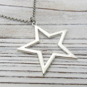Large Silver Star Necklace, Silver Tone Star Pendant