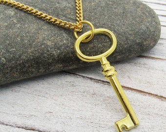 Gold Tone Key Charm, Key Pendant Necklace, Gold Tone Key Pendant, Men's Necklace, Women's Necklace, Gift for Women, Men's Jewelry