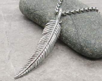 Stainless Steel Feather Pendant, Men's Necklace, Hypo Allergenic Jewelry, Feather Jewelry, Men's Jewelry, Woman Necklace, Nature Jewelry