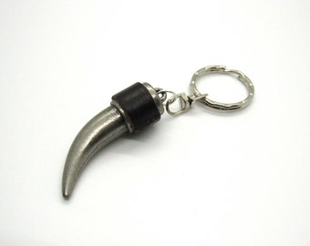 Tusk Pendant Leather Trim Key Chain, Antique Silver Tone with Leather Tusk Key Ring, Tribal Charm Key Fob, Men's Key Chain, Women's Key Ring