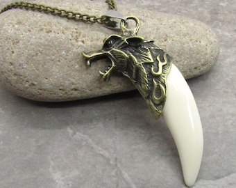 Wolf Head Resin Tooth Pendant Necklace, Animal Necklace, Bronze Wolf Tooth Necklace, Men's Necklace, Women's Necklace, Men's Jewelry