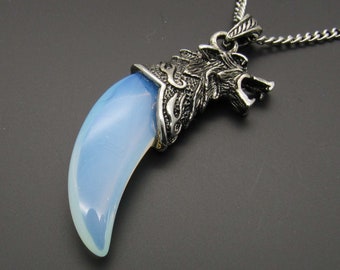 Wolf Head Semi-Transparent Opal Tooth Pendant Necklace, Wolf Tooth Necklace, Animal Pendant, Opal Gemstone, Men's Necklace, Women's Necklace