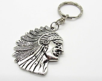Indian Chief Pendant Key Ring, Large Indian Chief Charm Key Chain, Native American Key Chain, Men's Accessories, Women's Accessories