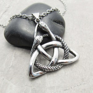 Large Trinity Knot with Snake Charm Pendant Necklace, Celtic Knot Pendant, Celtic Knot Jewelry, Men&#39;s Necklace, Woman Necklace