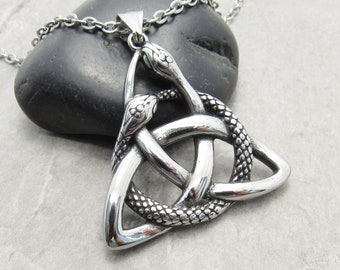 Stainless Steel Trinity Knot with Snake Charm Pendant Necklace, Celtic Knot Pendant, Celtic Knot Jewelry, Men's Necklace, Woman Necklace