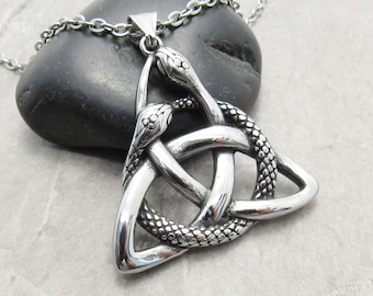 Large Trinity Knot with Snake Charm Pendant Necklace, Celtic Knot Pendant, Celtic Knot Jewelry, Men's Necklace, Woman Necklace