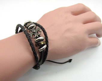 Black Leather Multi Layer Bracelet with Metal beads, Adjustable Leather Bracelet, Men's Bracelet, Women's Bracelet, Boho Hippie Bracelet