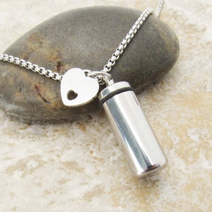 Stainless Steel Locket with screw lid and heart charm, Pill Locket, Cremation Urn Locket, Men&#39;s Necklace, Women&#39;s Necklace