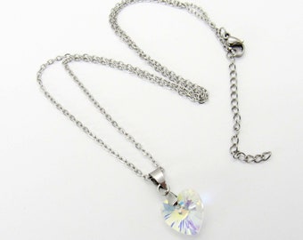 Stainless Steel Glass Crystal Heart Pendant, Stainless Steel Chain with Extension, Women's Necklace, Clear Crystal Faceted Drop Pendant
