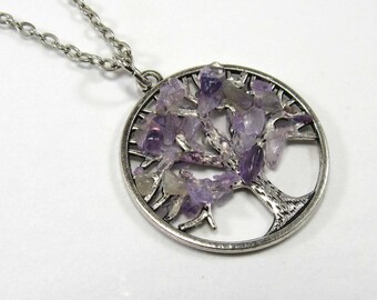 Druzy Tree of Life Pendant, Amethyst Crystal Chips Pendant, Chakra Necklace, Healing Crystal, Amethyst Crystal Necklace, Women's Necklace