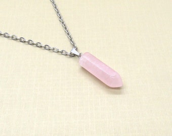 Pink Quartz Gemstone Bullet Point Pendant Necklace, Pink Quartz Pendant Necklace, Men's Necklace, Women's Necklace