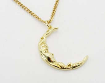 Gold Plated Crescent Moon Charm Pendant Necklace, Men's Necklace, Celestial Jewelry, Woman's Necklace, Men's Charm Jewelry