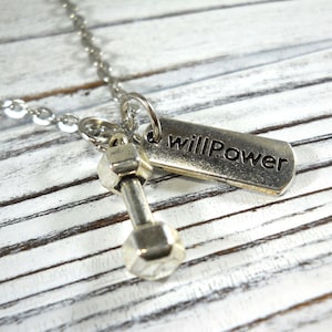 Dumbbell Pendant with Willpower Charm tag, Antique Silver Tone, Gym Fitness Inspirational Necklace, Men&#39;s Necklace, Women&#39;s Necklace