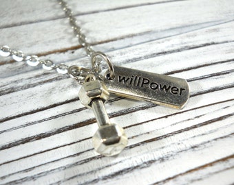 Dumbbell Pendant with Willpower Charm tag, Antique Silver Tone, Gym Fitness Inspirational Necklace, Men's Necklace, Women's Necklace