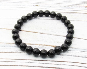 Black Agate Gemstone Beaded Bracelet, Beads 8mm, Natural Black Agate 8mm Beads, Men's Bracelet, Men's Jewelry, Women's Bracelet
